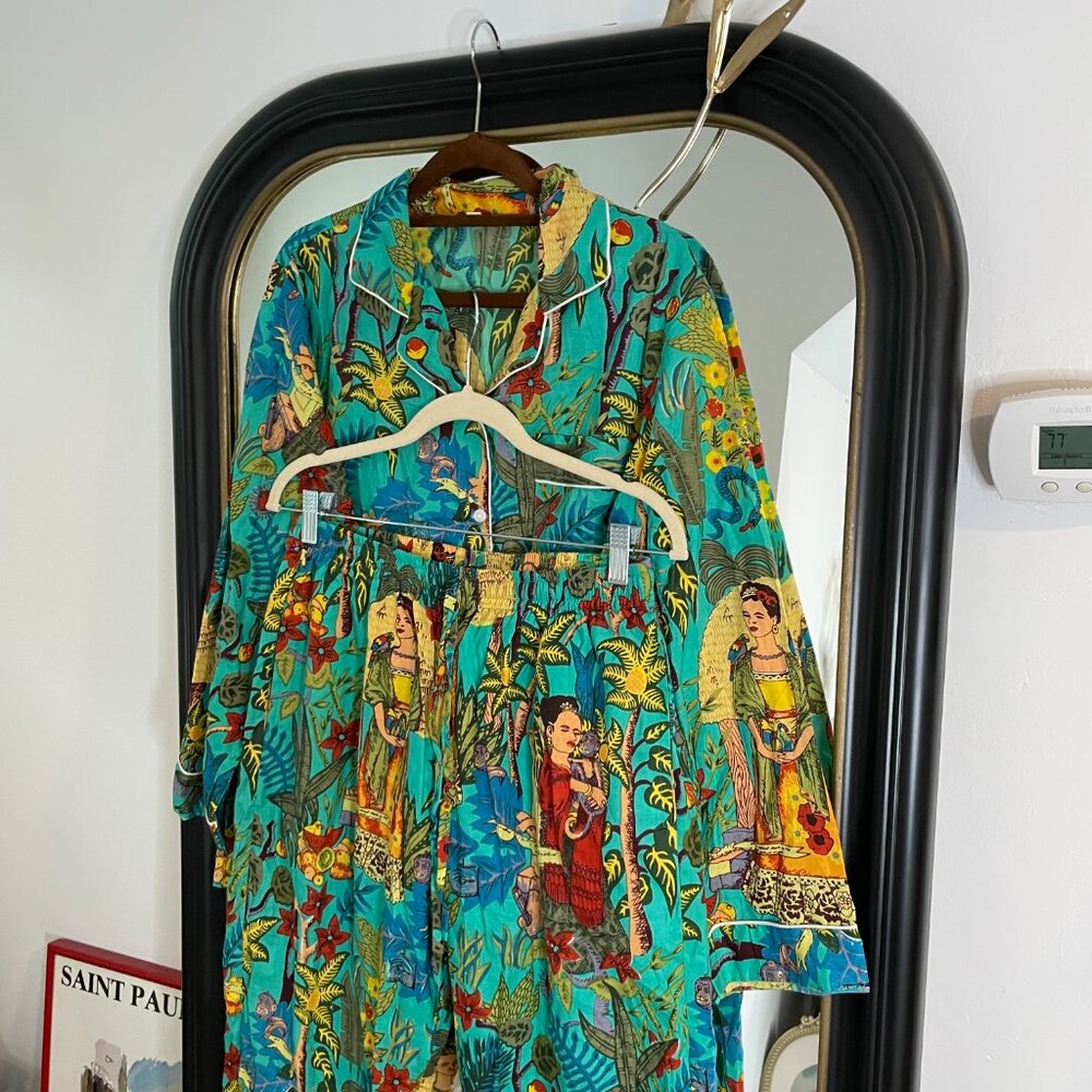 Frida Kahlo Print Cotton Women Night wear Boho Top-Pajama set Sleepwear size XL